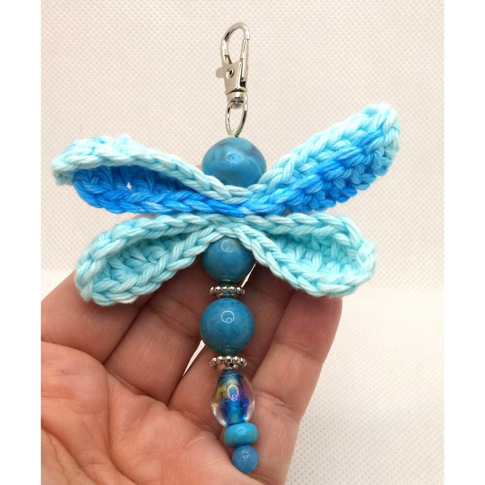 Crochet Wings Dragonfly Bag Charm Handmade Upcycled Blue Beaded Keychain NEW - Picture 5 of 9